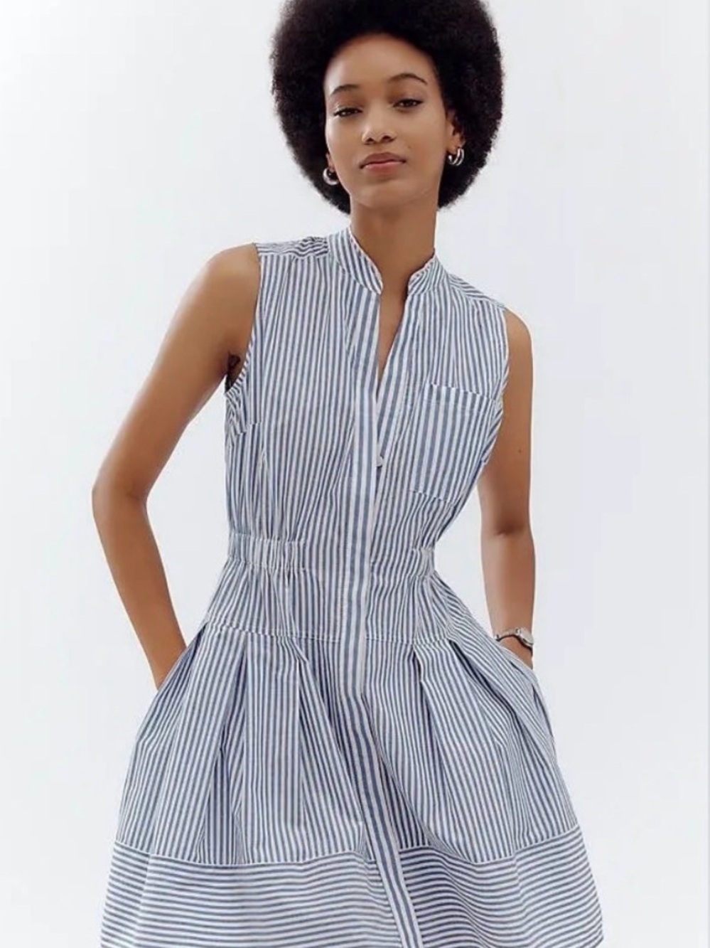 Maeve Blue and White Striped Sleeveless Midi Dress